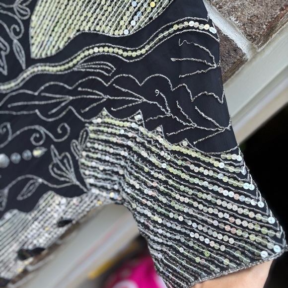 Vintage 80s Sequin Silk Top Black Silver Beaded Party Blouse S - Picture 6 of 10
